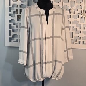 41 Hawthorn White Black Windowpane V-Neck Bubble Hem Blouse Size S